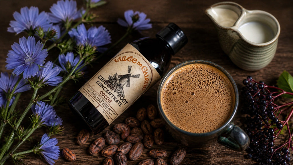cup of chicory coffee with brown foam next to bottle of vallee de galene concentrate, chicory flowers, cocoa beans 