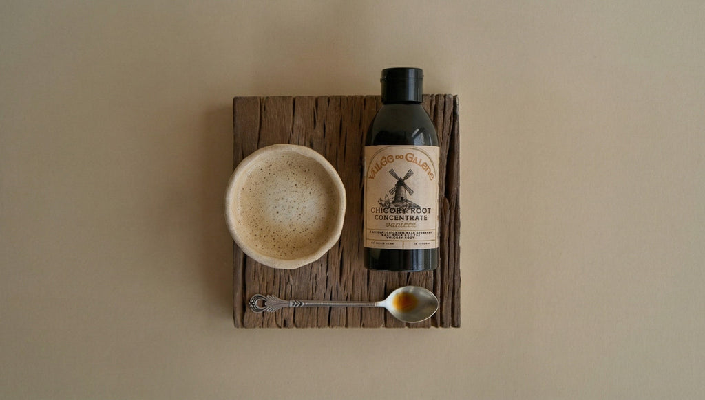 a cup with foam, a silver spoon, and a bottle of chicory concentrate are placed on a wooden board with warm light-brown background