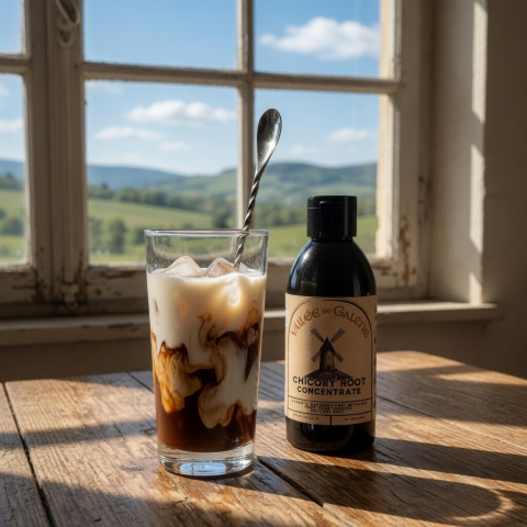 glass of milk next to a bottle of chicory concentrate standing on a wooden table