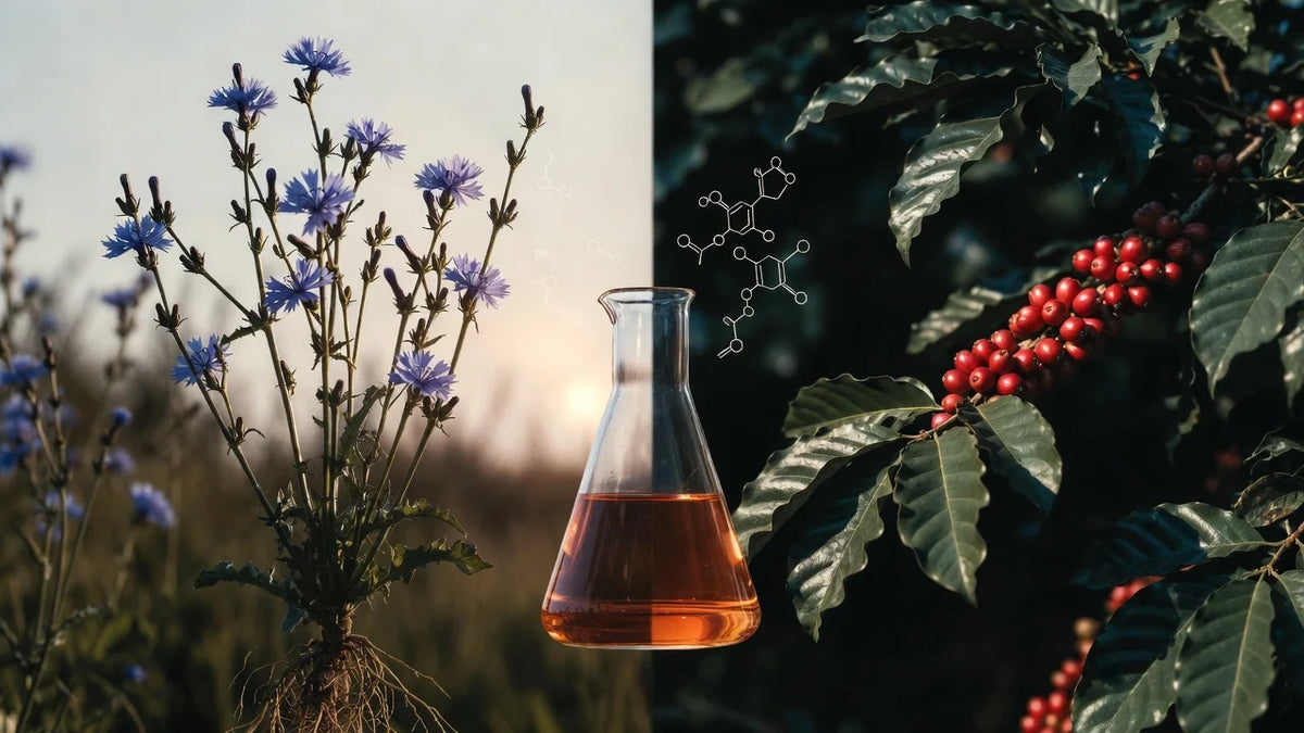 chicory plant on the left, coffee plant on the right. scientific flask in the middle
