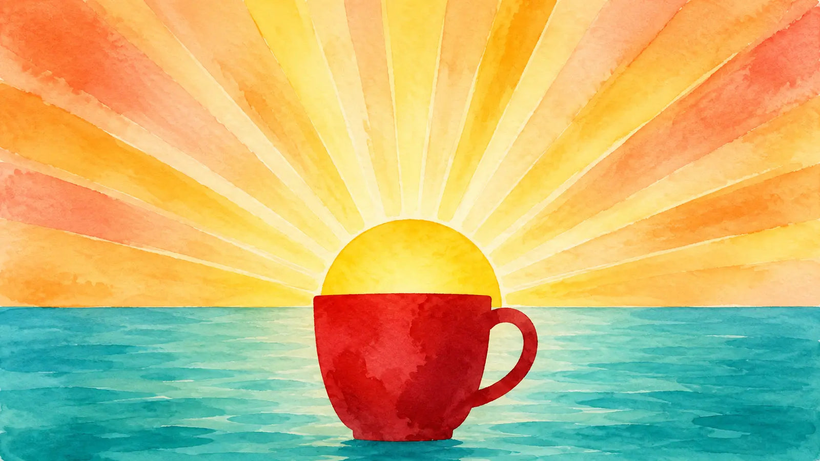 sun rising above a coffee mug with calm sea on horizon