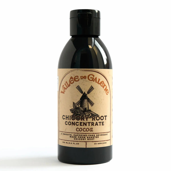 Bottle of Vallee de Galene Chicory Root Concentrate Cocoa on a white background