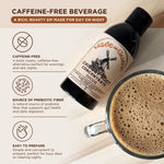 Bottle of Valley de Galene Chicory Root Concentrate with a cup of coffee on a light background