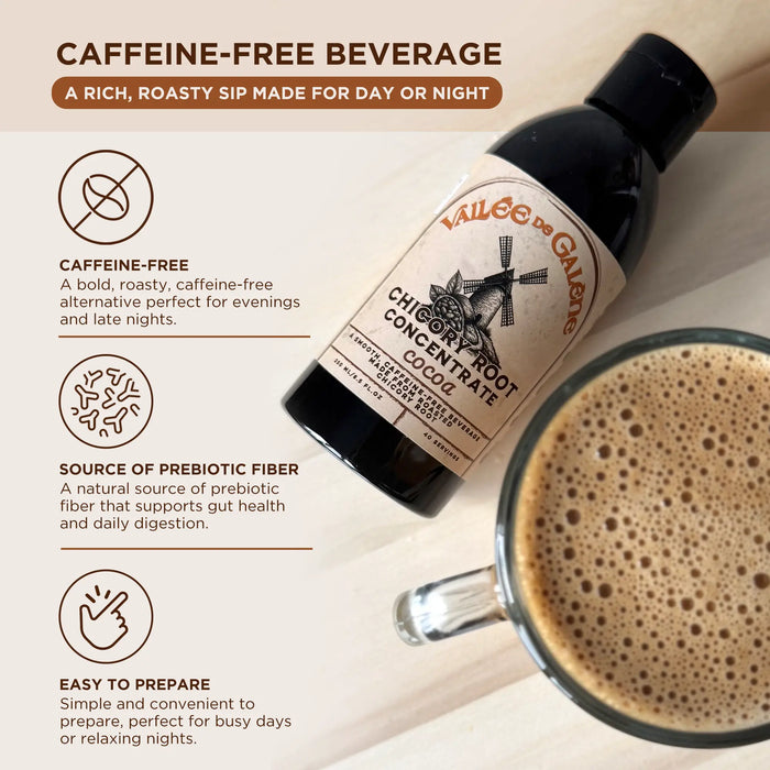 Bottle of Valley de Galene Chicory Root Concentrate with a cup of coffee on a light background