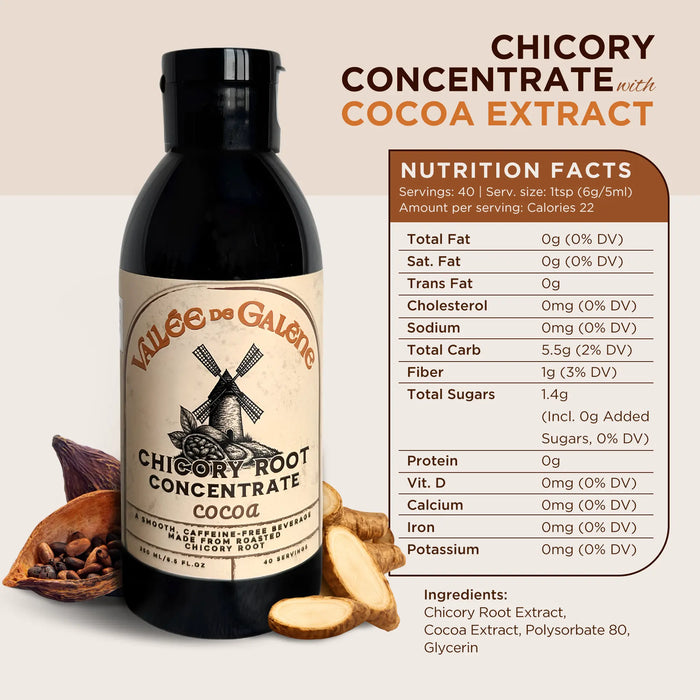Bottle of Chicory coffee Concentrate with Cocoa Extract on a beige background