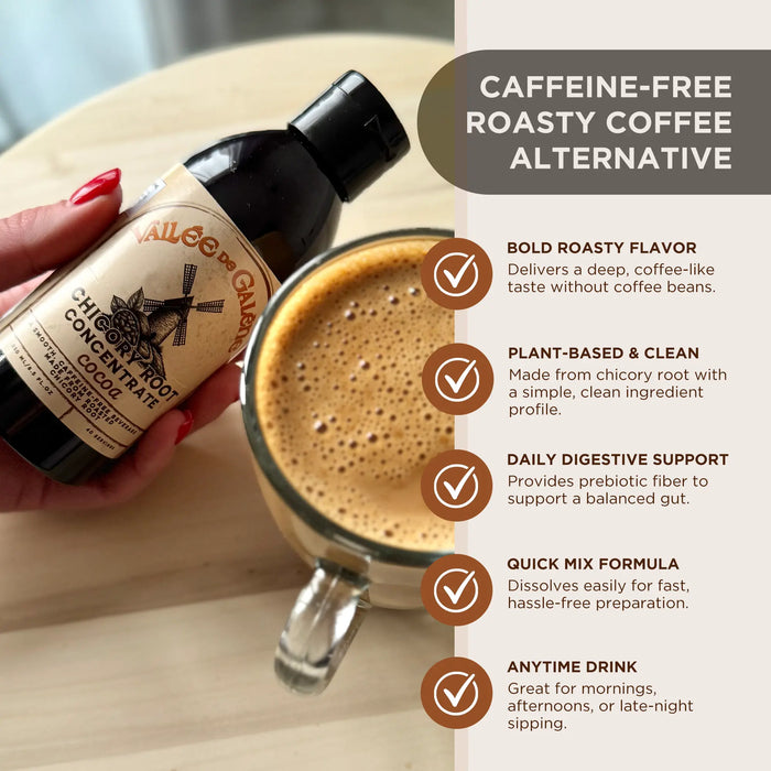 Hand holding a bottle of chicory root coffee next to a glass of coffee, with product features listed on the right.