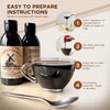 Chicory root concentrate cocoa with preparation instructions and a cup of coffee.