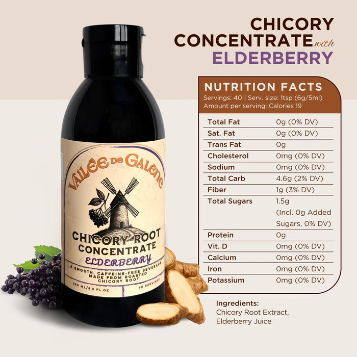 Bottle of Vallee de Galene Chicory Root coffee alternative with Elderberry on a beige background with nutrition facts displayed.