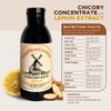 Bottle of Chicory Root coffee with Lemon Extract and nutrition facts label on a beige background