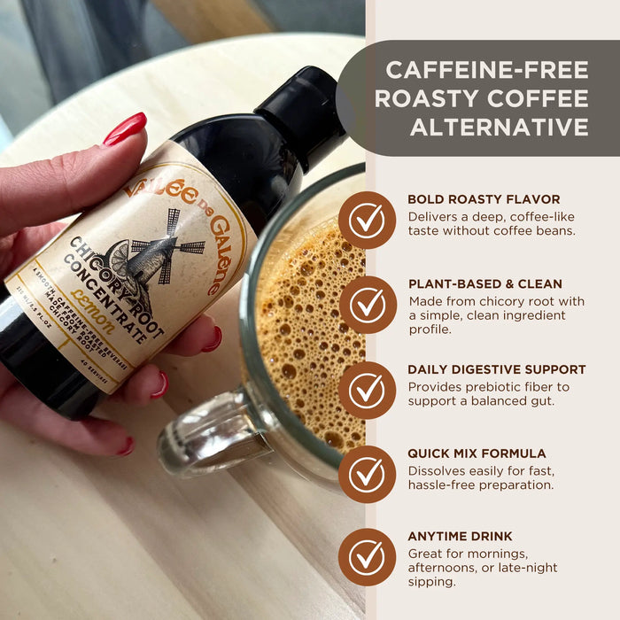 Hand holding a bottle of chicory coffee next to a mug of coffee, with text about the product's benefits.