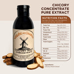 Bottle of Vallee de Galene Chicory Root coffee Concentrate with nutrition facts on a beige background