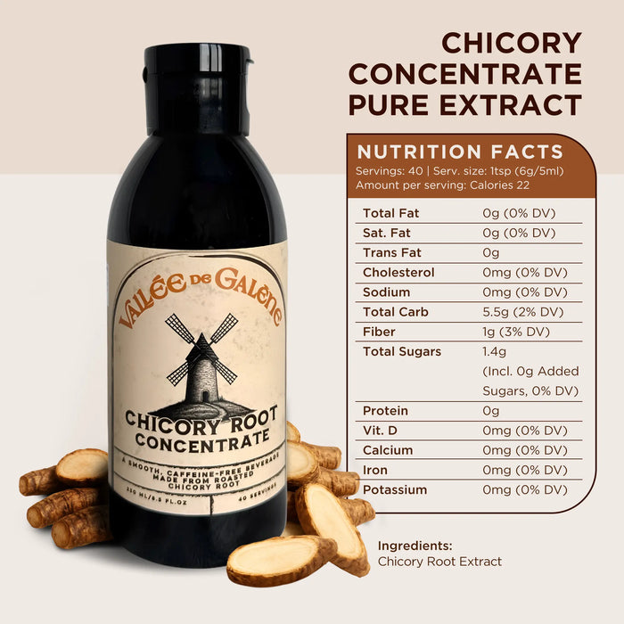 Bottle of Vallee de Galene Chicory Root coffee Concentrate with nutrition facts on a beige background