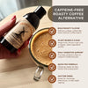 Chicory root concentrate bottle with a glass of coffee and product features on a wooden surface.