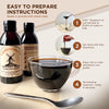 Chicory root coffee with preparation instructions and a cup of black liquid.