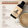 Bottle of Vallee de Galene Chicory Root Concentrate with a cup and product details. Cacao flavor