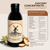 A bottle of Vallee de Galene chicory root concentrate with vanilla extract with nutrition facts table against a beige background
