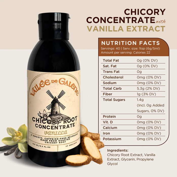 A bottle of Vallee de Galene chicory root concentrate with vanilla extract with nutrition facts table against a beige background