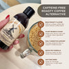 Hand holding a bottle of chicory root concentrate with a cup of chicory and product features on the side.