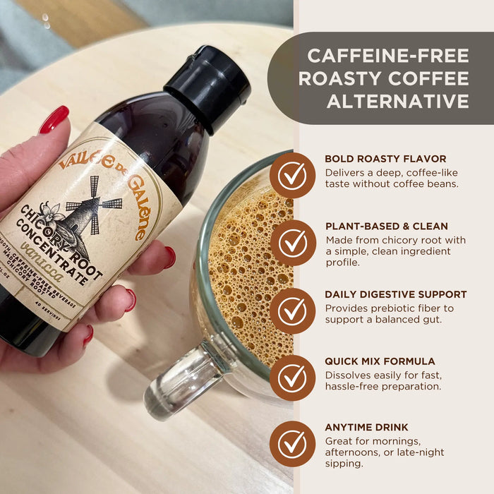 Hand holding a bottle of chicory root concentrate with a cup of chicory and product features on the side.