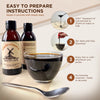 Instructions for preparing a chicory root concentrate drink with a cup of dark liquid, spoon, and bottles on a light background.