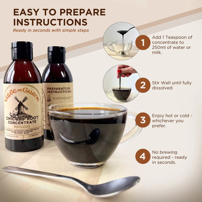 Instructions for preparing a chicory root concentrate drink with a cup of dark liquid, spoon, and bottles on a light background.