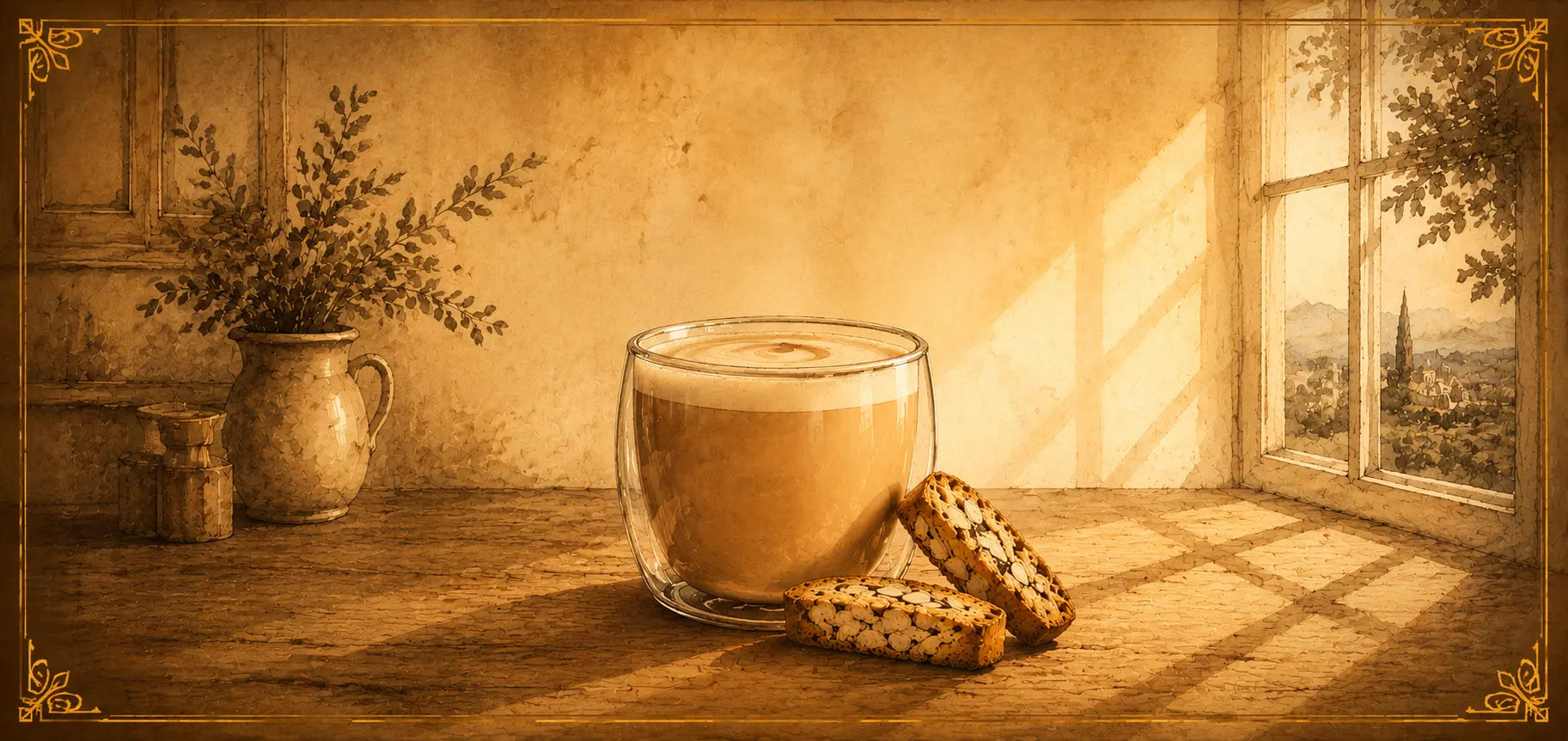 Glass of coffee with cookies on a wooden table, sunlit room with window view