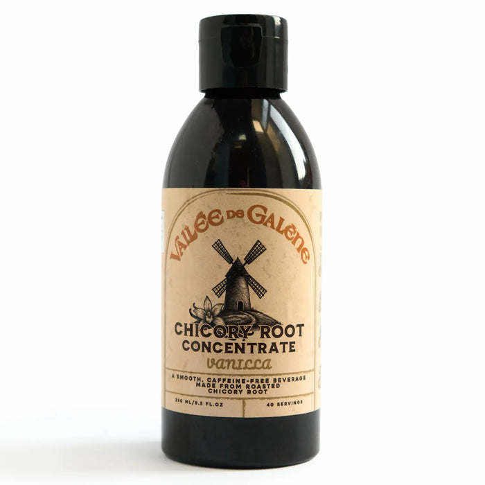 Bottle of Vallee de Galerne Chicory Root Concentrate vanilla on a white background